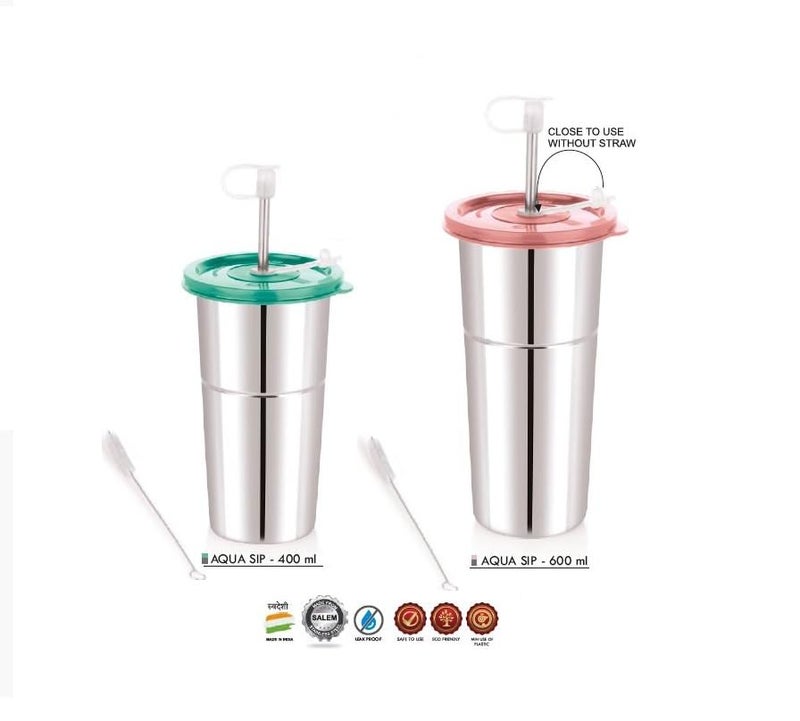 ELEXIQ Stainless Steel Tumbler with Silicon Aperture Steel Lid Leak Proof Straws with Brush Glass Tumbler Steel lid Steel Glass with Lid Capacity LD SIP 400600ML - Image 3