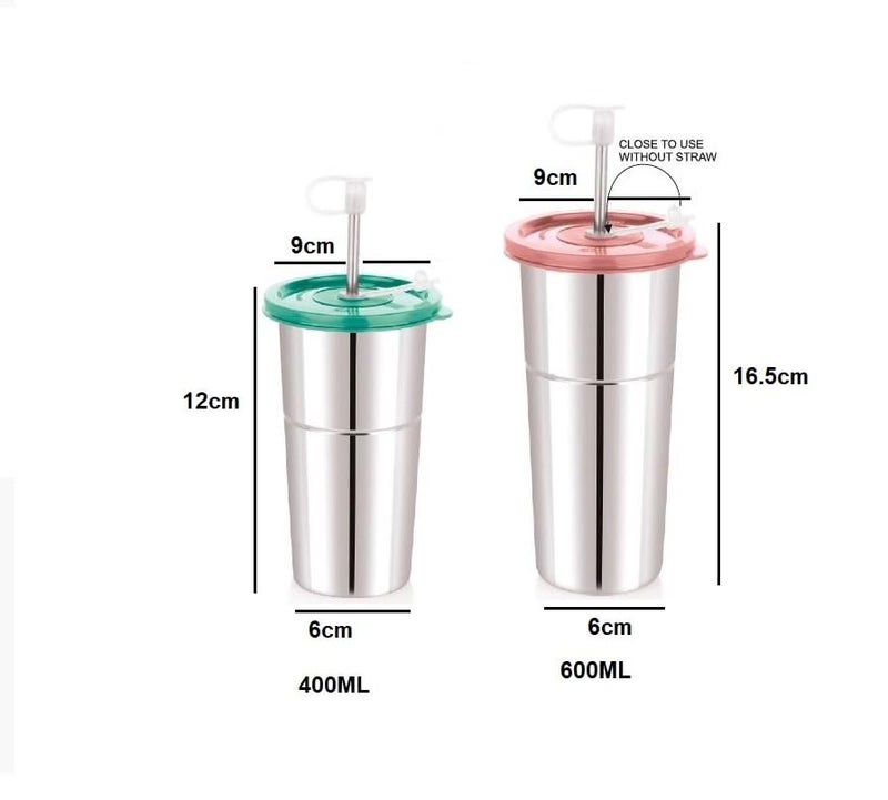 ELEXIQ Stainless Steel Tumbler with Silicon Aperture Steel Lid Leak Proof Straws with Brush Glass Tumbler Steel lid Steel Glass with Lid Capacity LD SIP 400600ML - Image 2
