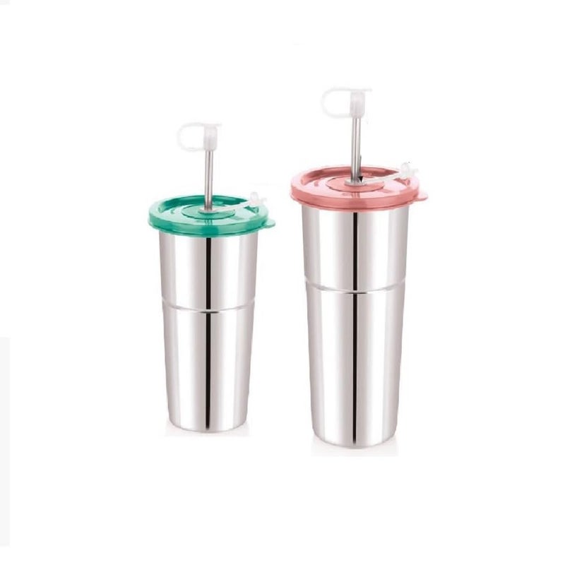 ELEXIQ Stainless Steel Tumbler with Silicon Aperture Steel Lid Leak Proof Straws with Brush Glass Tumbler Steel lid Steel Glass with Lid Capacity LD SIP 400600ML - Image 1