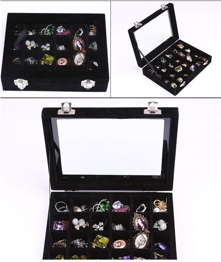 EONGOA Velvet Jewelry Box 24 Grid Jewelry Earrings Display Organiser Box Ring Tray Holder Earrings Storage Case for Girls Women Wife Mom (Black) - Image 4