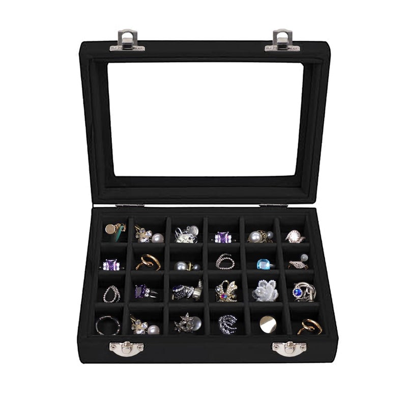 EONGOA Velvet Jewelry Box 24 Grid Jewelry Earrings Display Organiser Box Ring Tray Holder Earrings Storage Case for Girls Women Wife Mom (Black) - Image 1
