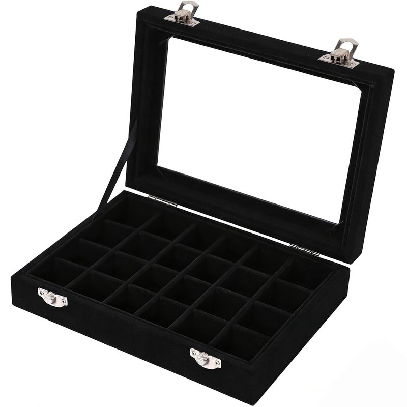 EONGOA Velvet Jewelry Box 24 Grid Jewelry Earrings Display Organiser Box Ring Tray Holder Earrings Storage Case for Girls Women Wife Mom (Black) - Image 3