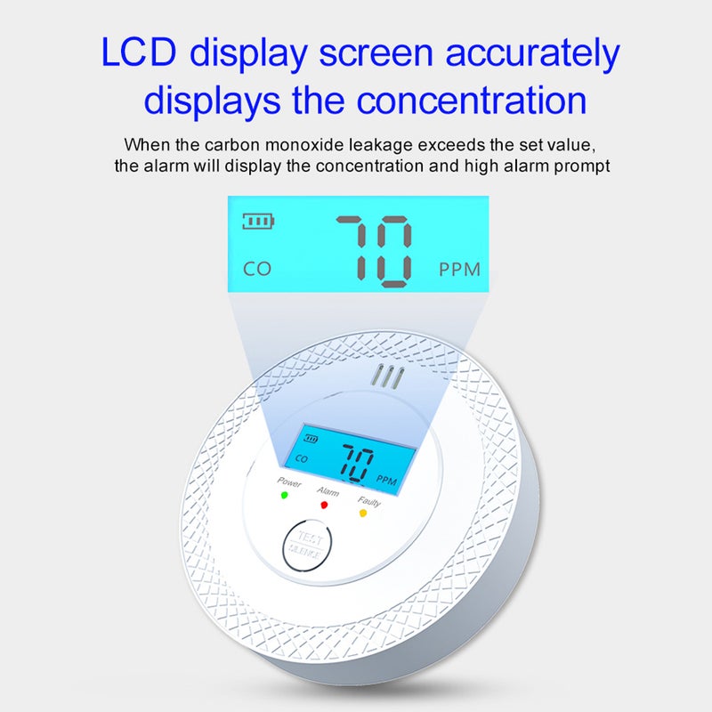 مكشاف أول أكسيد الكربون بالبطارية - إنذار رقمي أول أكسيد الكربون مع شاشة LCD مضيئة خلفًا ومؤشرات LED للمنزل والمطبخ والحمام والمستودع - Image 2