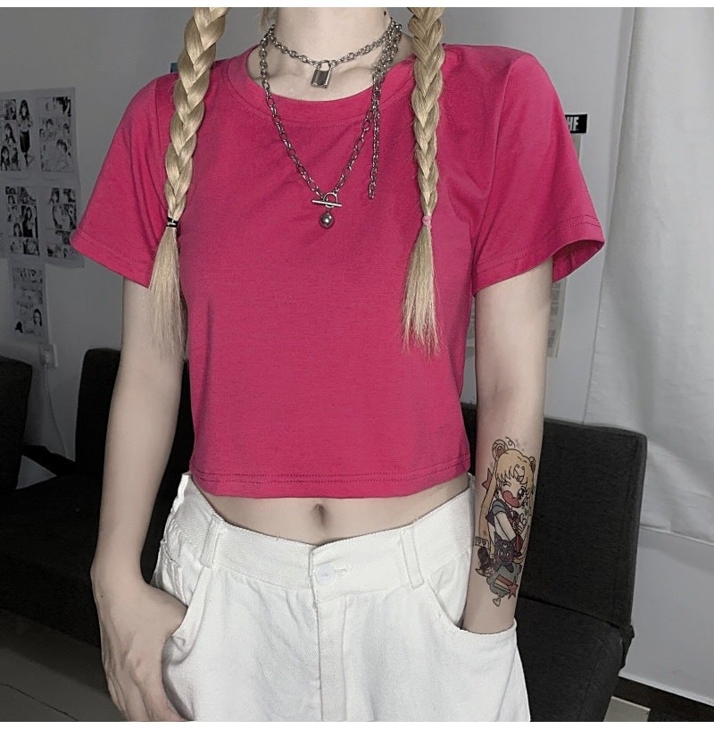 Sweet and Spicy Style Womens 2022 Short Short Sleeve Candy Color High Waist Navel Exposure Solid Color Top Girls Summer T-shirt for Students Rose Red