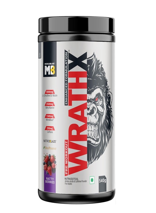 MuscleBlaze Pre Workout WrathX Powder (Natty Berries, 540g) | With Creapure, NitroBlaze & BioPerine - Image 1