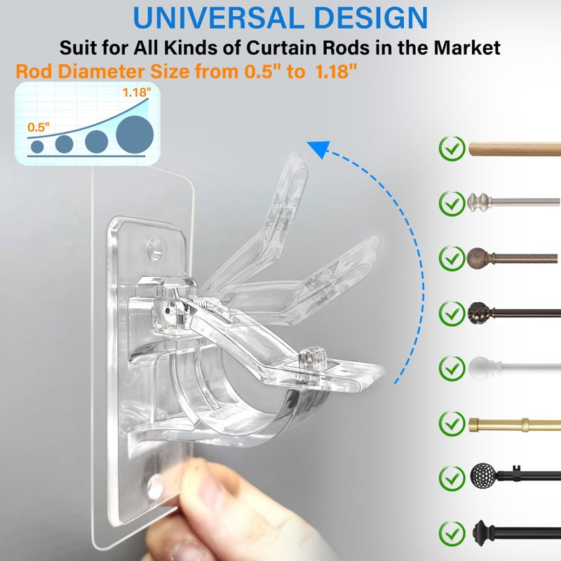 Antimbee 6-Pack No Drill Needed Curtain Rod Holders, Self Adhesive Rod Brackets, Multipurpose Nail-Free Stick on Curtain Rod Hooks Hangers for Dorm, Kitchen, Home, Bathroom, Transparent - Image 2