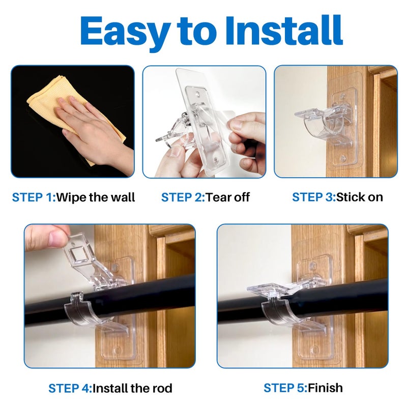 Antimbee 6-Pack No Drill Needed Curtain Rod Holders, Self Adhesive Rod Brackets, Multipurpose Nail-Free Stick on Curtain Rod Hooks Hangers for Dorm, Kitchen, Home, Bathroom, Transparent - Image 4