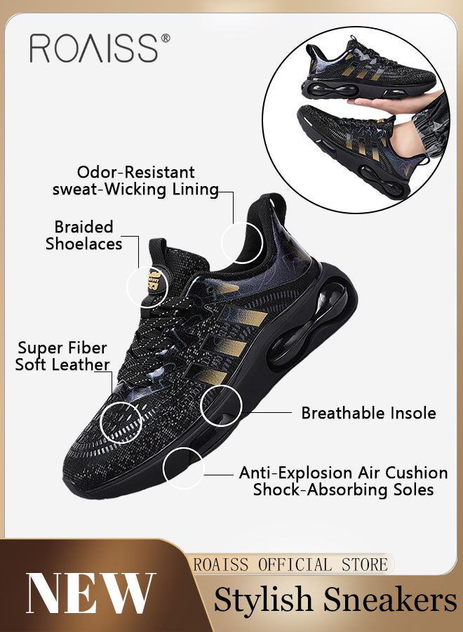 roaiss Casual Outdoor Sneakers for Men Breathable Non Slip Lace Up Mesh Running Shoes Mens Lightweight Soft Elastic Sole Athletic Sneaker Glossy Contrast Color Flying Weaving Footwear - Image 3
