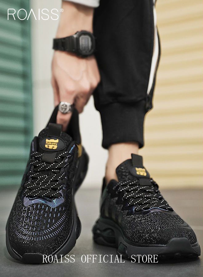 roaiss Casual Outdoor Sneakers for Men Breathable Non Slip Lace Up Mesh Running Shoes Mens Lightweight Soft Elastic Sole Athletic Sneaker Glossy Contrast Color Flying Weaving Footwear - Image 4