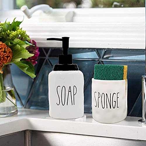 Gails Willing Soap Dispenser and Dish Sponge Holder Caddy Set for Sink, Modern Farmhouse Style Decor, Ceramics Counter Organizer, Off White(SOAP & Sponge) - Image 3
