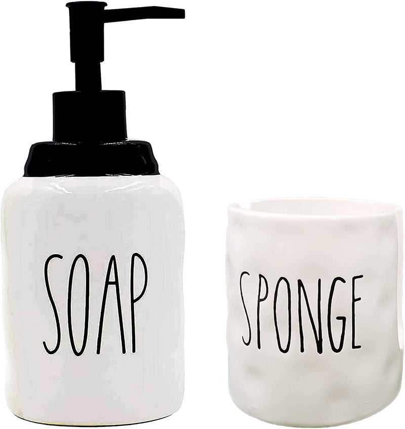 Gails Willing Soap Dispenser and Dish Sponge Holder Caddy Set for Sink, Modern Farmhouse Style Decor, Ceramics Counter Organizer, Off White(SOAP & Sponge) - Image 1