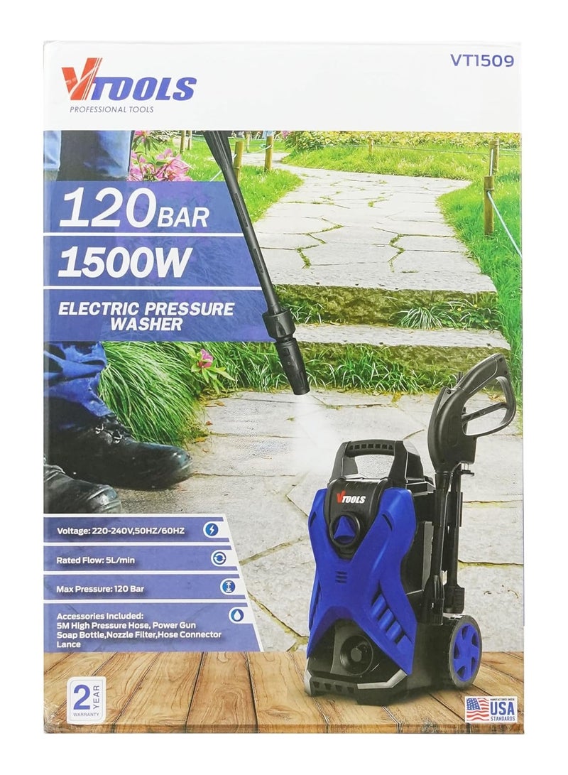 VTOOLS 120 Bar Electric Pressure Washer With 2 Wheels, 5 Meter Hose, Soap Dispenser, 1500 Watt, Auto Stop and Self Priming Mode, For Car, Home & Garden - Image 3