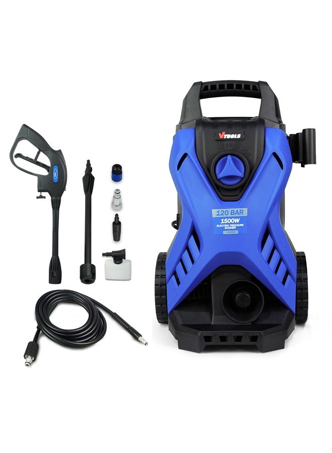 VTOOLS 120 Bar Electric Pressure Washer With 2 Wheels, 5 Meter Hose, Soap Dispenser, 1500 Watt, Auto Stop and Self Priming Mode, For Car, Home & Garden - Image 1