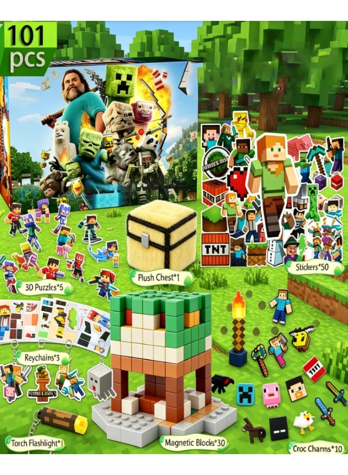 101 Pcs Building Blocks Toy Set, Magnetic Buildable Blocks with Light-Up Torch, Plush Storage Box, Stickers, Acrylic Keychains, 3D Paper Figures, Shoe Charms - Creative Educational DIY Playset for Kids, Birthday Party Favors & Gifts (ST-54) - Image 1