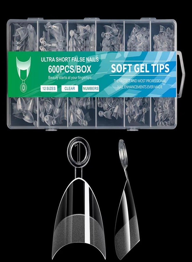 QUEENFINGER 600PCS Short Naill Tips Half Cover: Soft Gel Clear Naill Tips with Handles for Acrylic Naill Salon with Box 12 Sizes (CLEAR) - Image 1