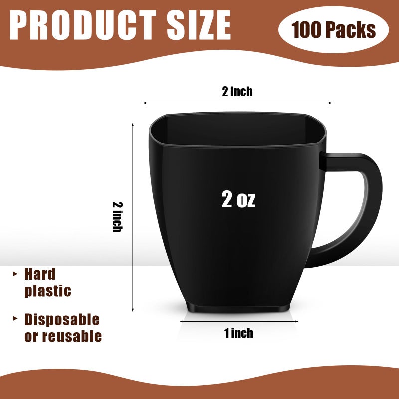 Amyhill Amyhill 100 Pcs 2 oz Disposable Tea Cups Mini Plastic Tea Cup Bulk with Handle Hard Plastic Coffee Mug Disposable Square Espresso Mug for Tea Party Catering (Black) - Image 1