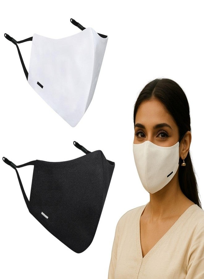 MASQ By Q-One Unisex_Dash Black And White 4 Layer, Anti-Pollution Reusable, with Ear Adjusters, Anti-Bacterial (BFE>99%) Cotton Cloth Face Mask for Men, & Women (Pack of 2) - Image 1