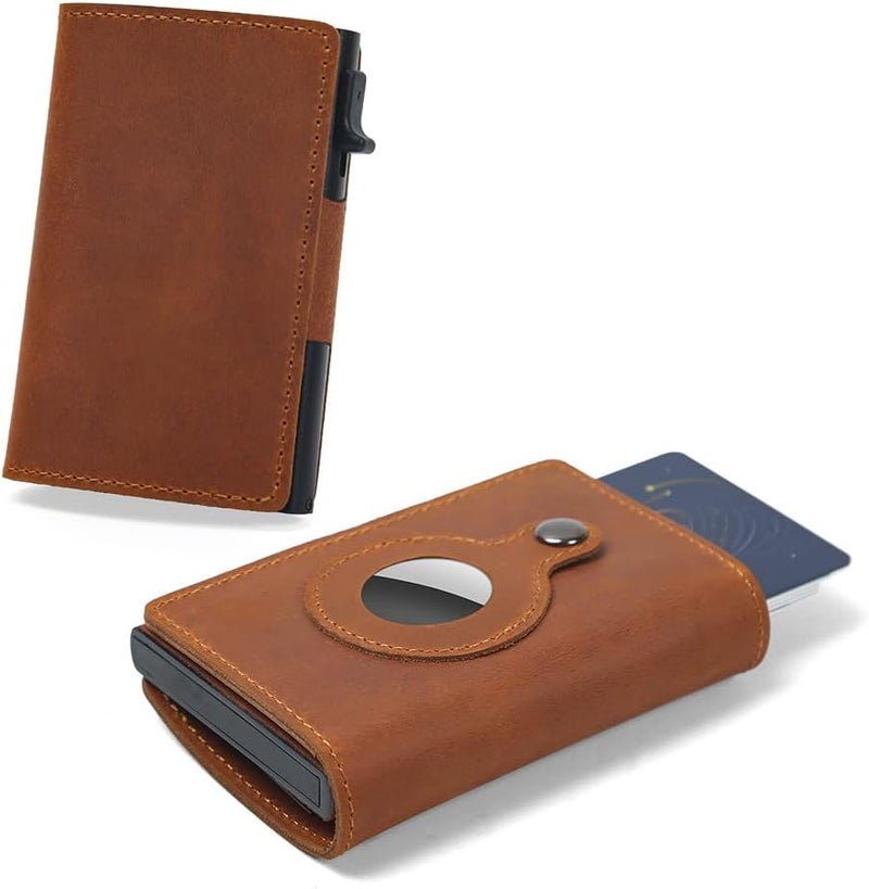 Fermido Slim Wallet for Air Tag| Genuine Leather RFID Credit Card Money Holder Automatic Pop up Mini Aluminum Wallet | Pocket-Sized and Slim Design Multipurpose Accessory for AirTag Case Cover for Men… - Image 1