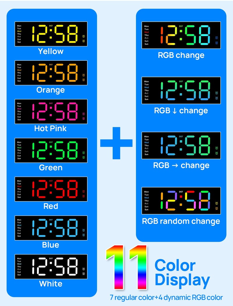MASHI 12" Large Digital Wall Mount Clock, Digital Clock with Remote Control, Alarm, Big LED, RGB Color, DST, Temperature for Living Room Office Desk, Bedroom, Decor, for Elderly - Image 3