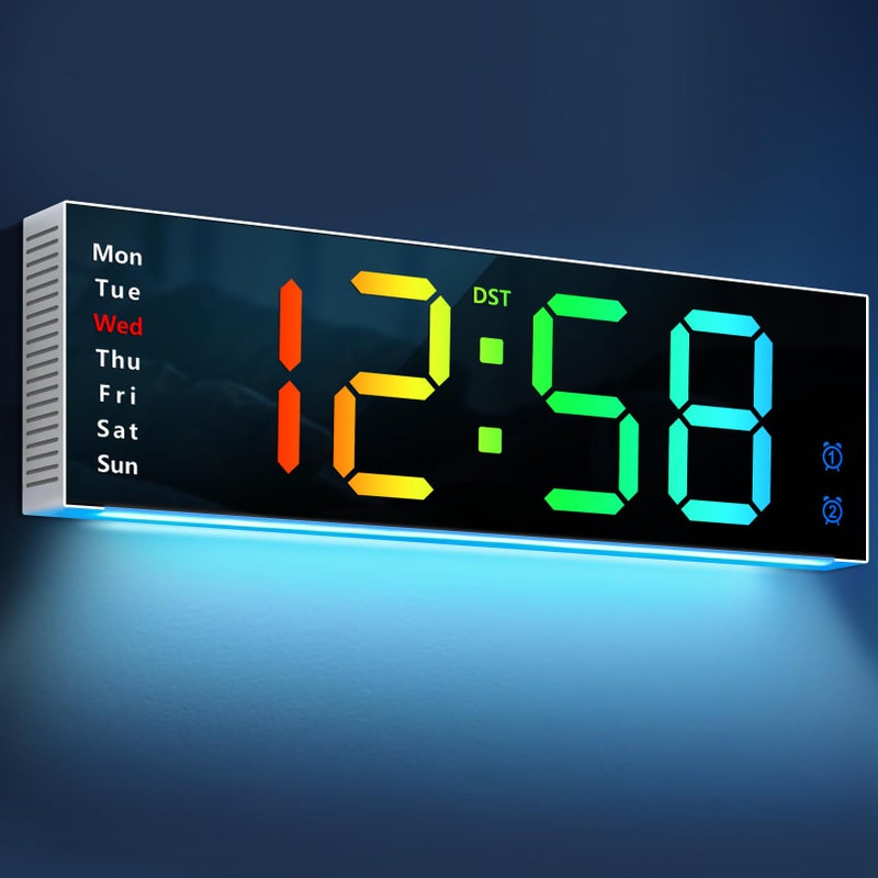 MASHI 12" Large Digital Wall Mount Clock, Digital Clock with Remote Control, Alarm, Big LED, RGB Color, DST, Temperature for Living Room Office Desk, Bedroom, Decor, for Elderly - Image 1