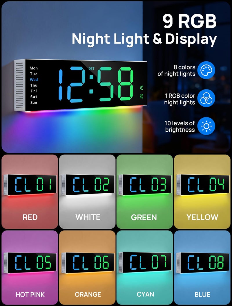 MASHI 12" Large Digital Wall Mount Clock, Digital Clock with Remote Control, Alarm, Big LED, RGB Color, DST, Temperature for Living Room Office Desk, Bedroom, Decor, for Elderly - Image 4