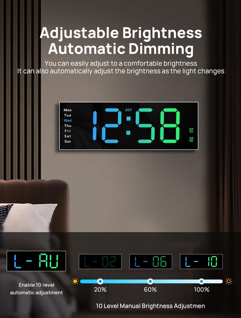 MASHI 12" Large Digital Wall Mount Clock, Digital Clock with Remote Control, Alarm, Big LED, RGB Color, DST, Temperature for Living Room Office Desk, Bedroom, Decor, for Elderly - Image 5