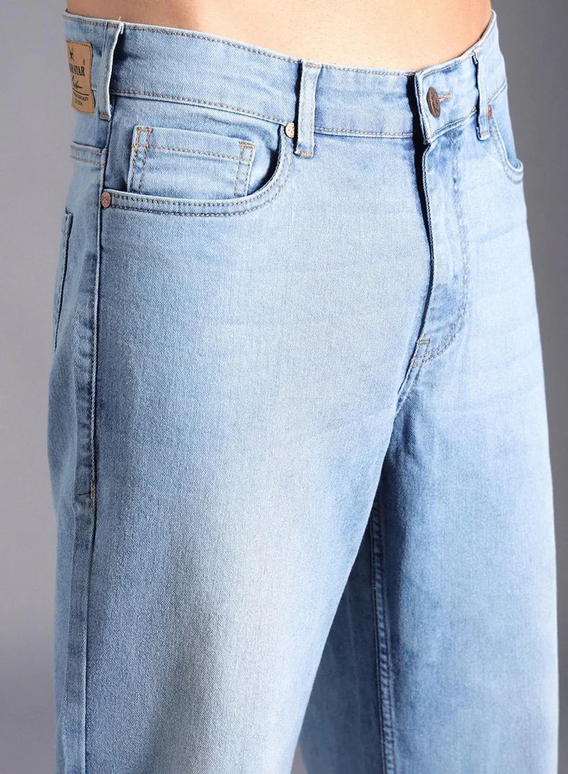 HIGH STAR Men's Indigo 100% Cotton Bleached Full Length Tapered Fit Jeans
