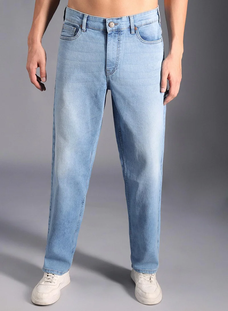 HIGH STAR Men's Indigo 100% Cotton Bleached Full Length Tapered Fit Jeans