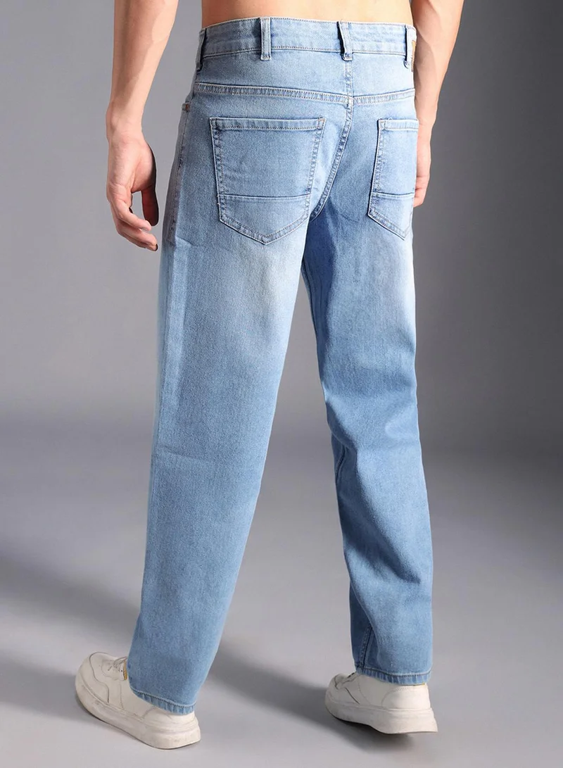 HIGH STAR Men's Indigo 100% Cotton Bleached Full Length Tapered Fit Jeans