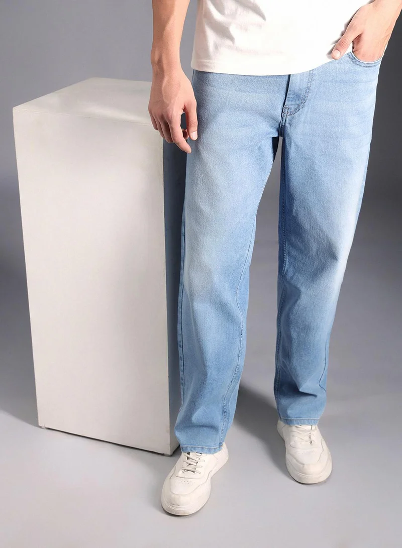 HIGH STAR Men's Indigo 100% Cotton Bleached Full Length Tapered Fit Jeans