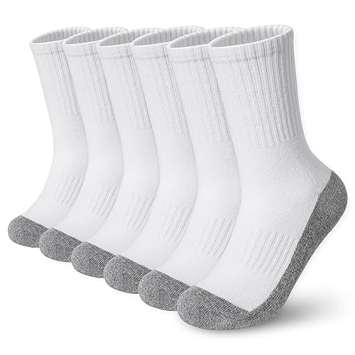 BOOPH Kids Athletic Crew Socks Boys Girls Performance Breathable Half Cushioned Socks Thick Cotton Calf Sockss for Running Soccer 6 Pairs 10-14Y White with Grey Bottom - Image 1
