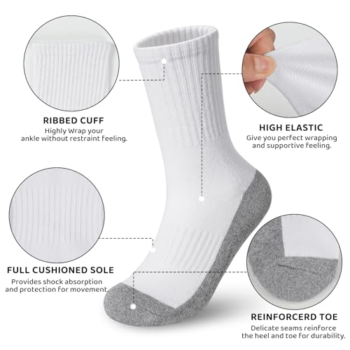 BOOPH Kids Athletic Crew Socks Boys Girls Performance Breathable Half Cushioned Socks Thick Cotton Calf Sockss for Running Soccer 6 Pairs 10-14Y White with Grey Bottom - Image 2