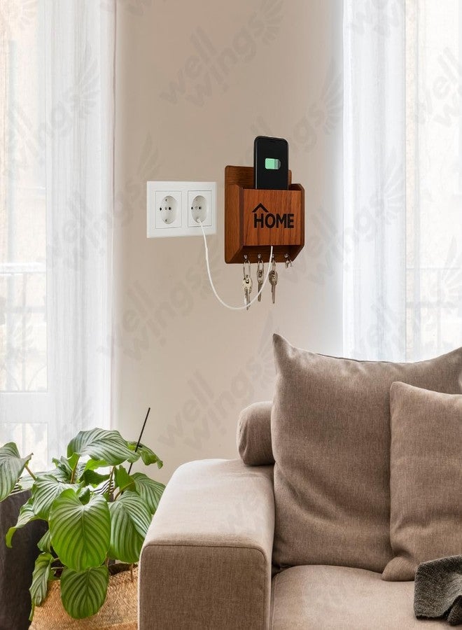 حامل مفاتيح خشبي من WELLWINGS للجدار مع خطافات ومنظم للهاتف المحمول - علاقة مفاتيح جدارية مزخرفة للمدخل والمكتب والديكور المنزلي (بني - للمنزل + الهاتف المحمول) - Image 5