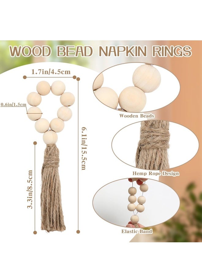 مجموعة من 6 حلقات مناديل خشبية مزينة بالخرز، حلقات مناديل قابلة للتمدد بنمط ريفي مع شرابة من حبل الجوت، حلقات مناديل بنمط بوهيمي ريفي - Image 3