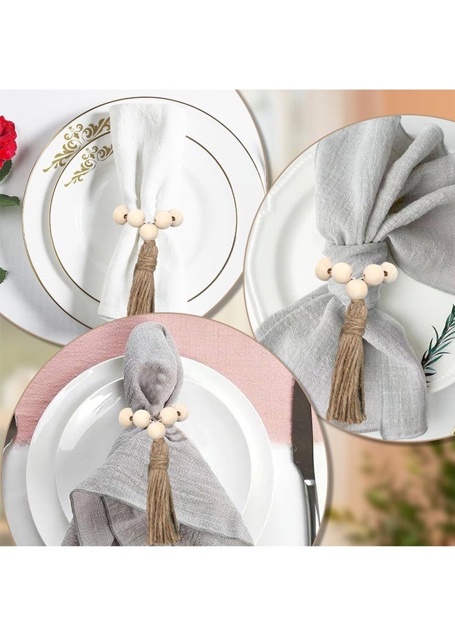 مجموعة من 6 حلقات مناديل خشبية مزينة بالخرز، حلقات مناديل قابلة للتمدد بنمط ريفي مع شرابة من حبل الجوت، حلقات مناديل بنمط بوهيمي ريفي - Image 4