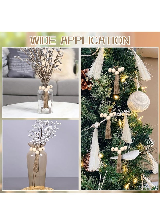 مجموعة من 6 حلقات مناديل خشبية مزينة بالخرز، حلقات مناديل قابلة للتمدد بنمط ريفي مع شرابة من حبل الجوت، حلقات مناديل بنمط بوهيمي ريفي - Image 5