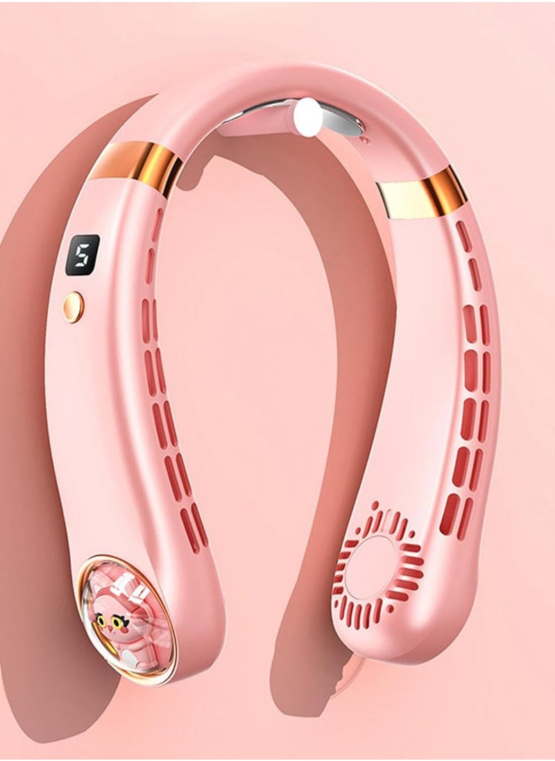 Generic Neck Fan Rechargeable | 5 Speeds Bladeless Personal Fan - Leafless Inside Cat Design Neck Fan, 720 Degree Airflow, LED Display Super Quiet Neck Air Conditioner for Outdoor, Indoor (Pink)  - Image 1