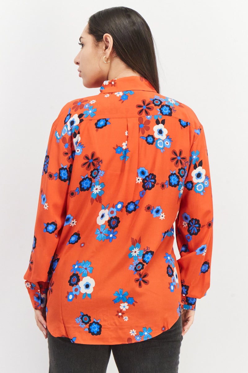 Juicy Couture Women Spread Collar Long Sleeve Floral Print Blouse, Red Combo - Image 2