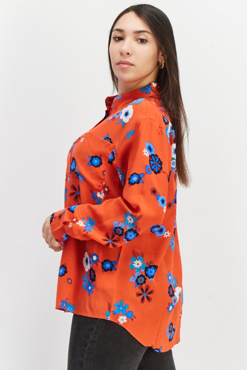 Juicy Couture Women Spread Collar Long Sleeve Floral Print Blouse, Red Combo - Image 4