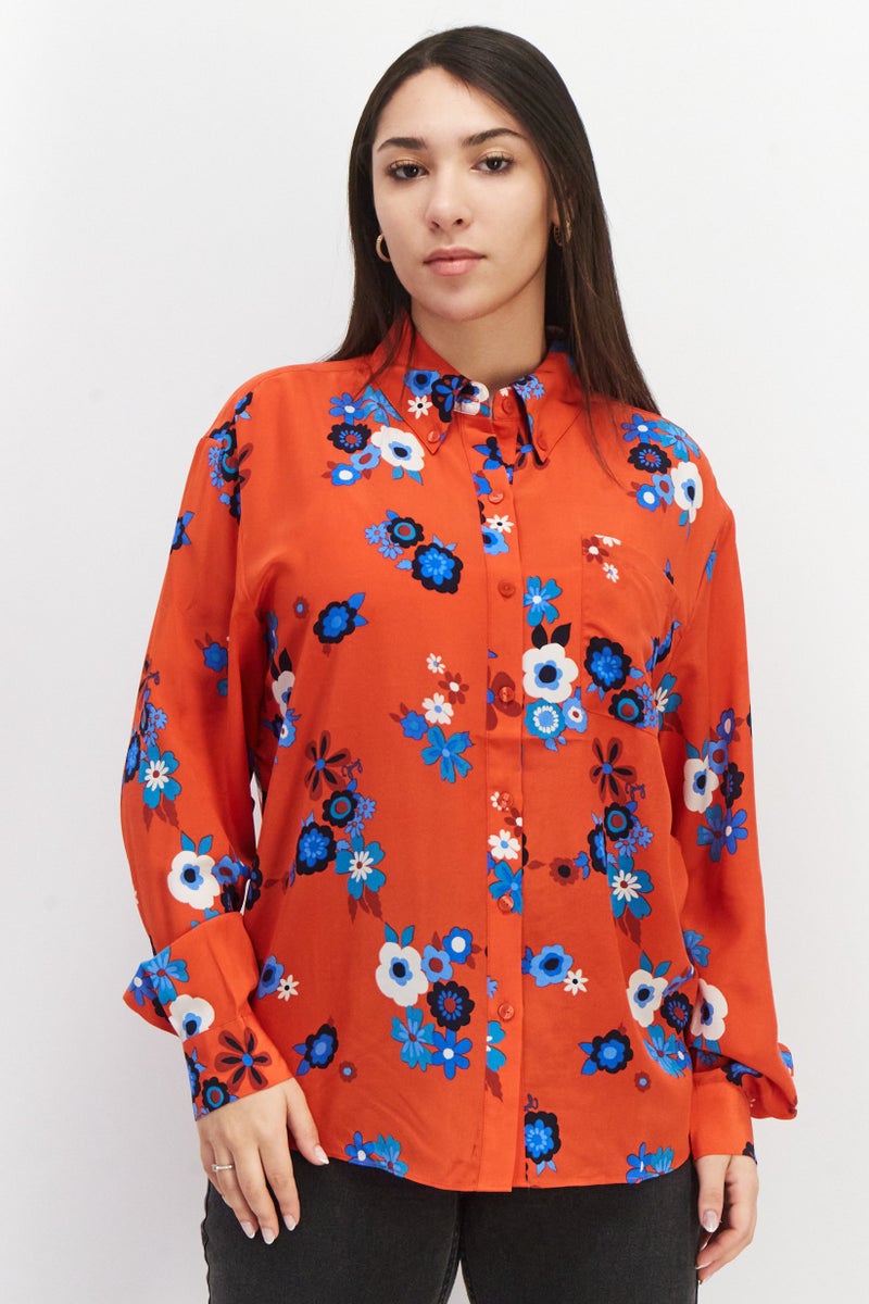 Juicy Couture Women Spread Collar Long Sleeve Floral Print Blouse, Red Combo - Image 1
