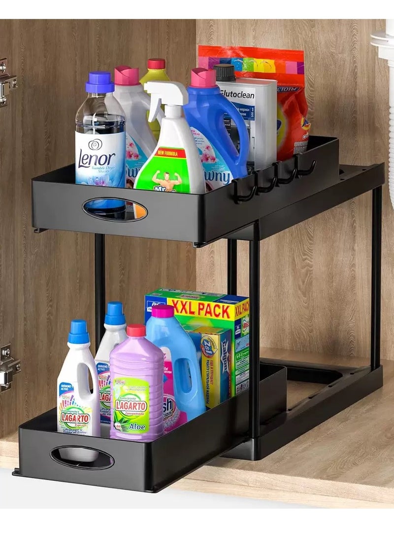 Generic 2pcs Storage Racks Pull-Type Double-Layer Kitchen Storage Rack,Double Sliding Under Bathroom Cabinet Organization, Kitchen Storage with Hooks,Black(39*21.6*29 cm)  - Image 1