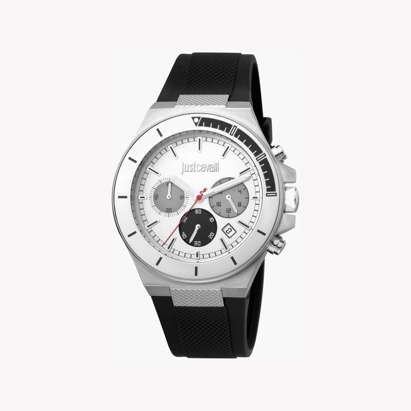 جاست كافالي ساعة جاست كافاللي JC1G139P0015 - ساعة رجالية أنيقة بهيكل فضي مع سوار مصنوع من السيليكون الأسود - Image 1