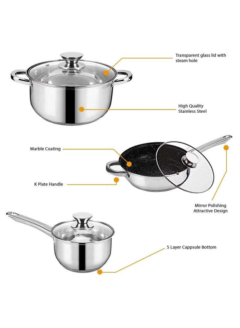 12 Pc Stainless Steel Deluxe Quality Cookware Pots And Frying pan Saucepans, 5 Layer Capsule Bottom Silver - Image 5