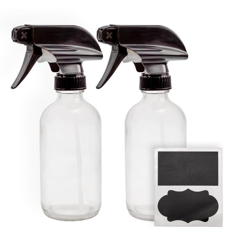 Cornucopia Brands 8-Ounce Clear Glass Spray Bottles (2-Pack); Boston Round Bottles w/ 3-Setting Adjustable Black Heavy Duty Sprayers & Chalk Labels