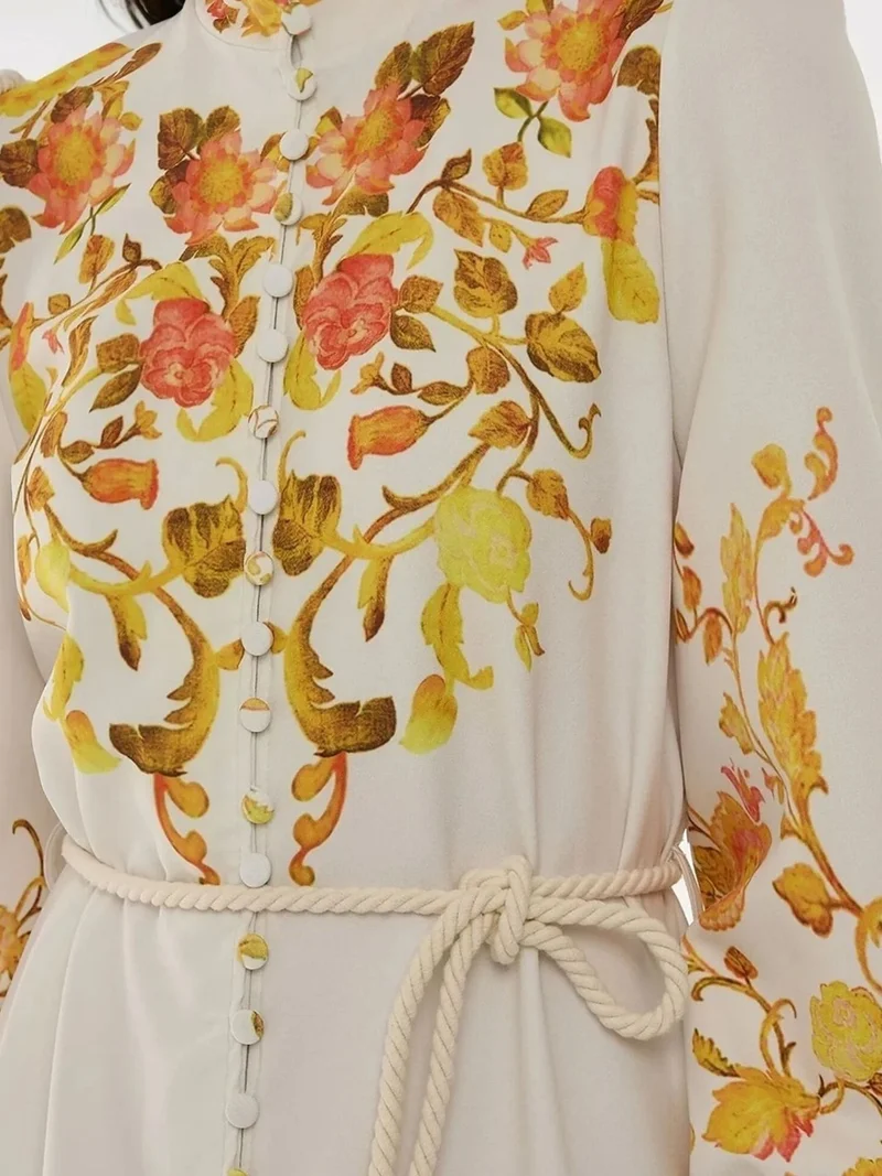 HICCUP Printed Long Sleeve Maxi Dress with Belt