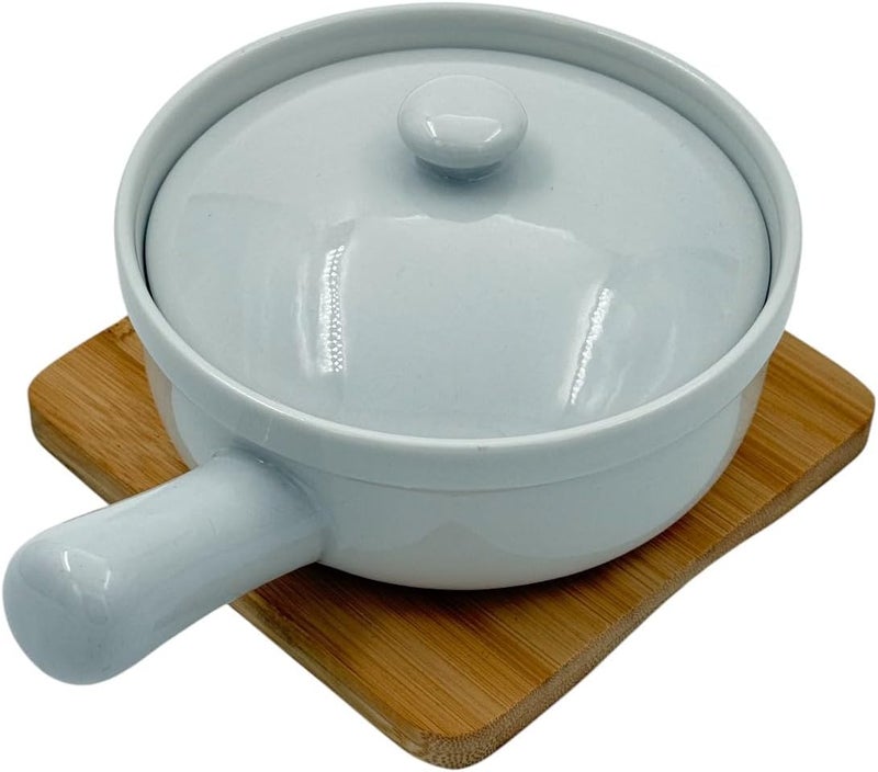 B&D Ceramic Cooking Bowl with Lid and Handle, Light Gray Round Pan with Bamboo Trivet Base Set - Image 3