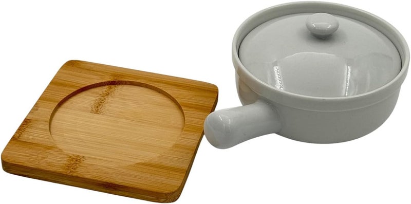B&D Ceramic Cooking Bowl with Lid and Handle, Light Gray Round Pan with Bamboo Trivet Base Set - Image 4