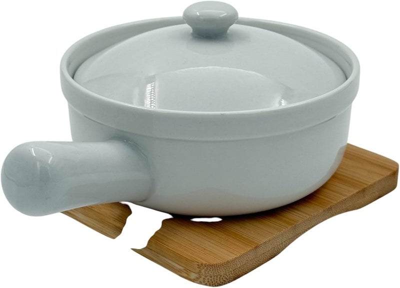 B&D Ceramic Cooking Bowl with Lid and Handle, Light Gray Round Pan with Bamboo Trivet Base Set - Image 2