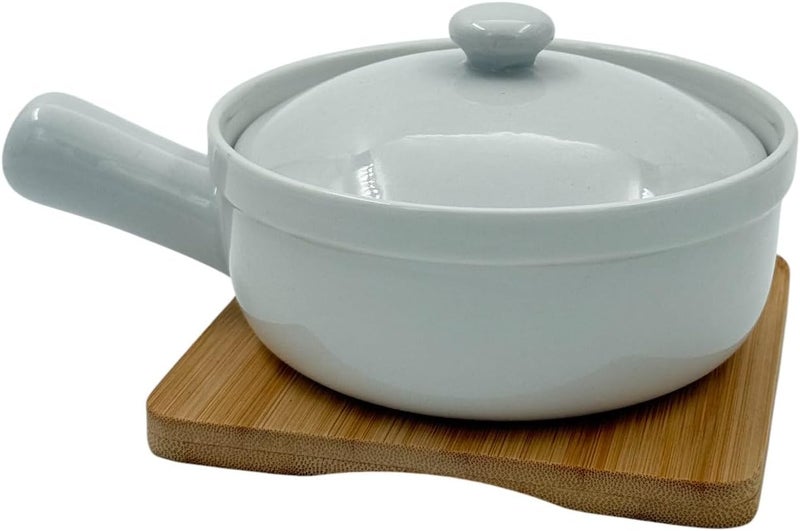 B&D Ceramic Cooking Bowl with Lid and Handle, Light Gray Round Pan with Bamboo Trivet Base Set - Image 1