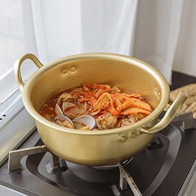 Bestonzon Korean Ramen Soup Cooking Pot 1 Set Fast Heating Instant Noodle With Lid Spoon And Chopsticks Aluminum Stockpot Shabu Shabu Hot Pot Kitchen Cookware 20X18X8Cm Golden - Image 5
